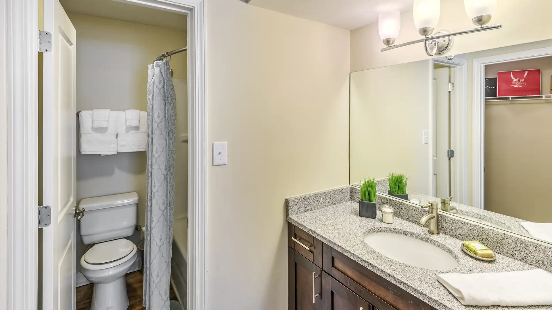 ample lighting and Granite Counters in Baths
