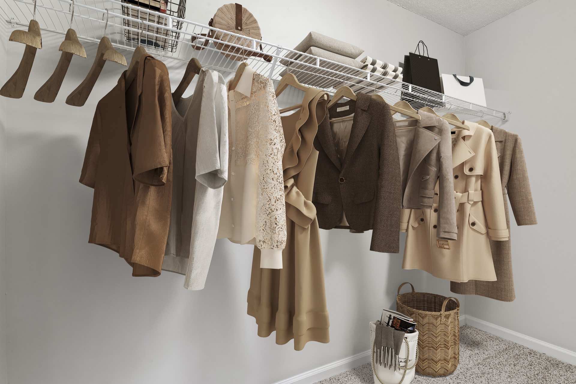 walk-in bedroom closet with white-wire shelving and a small brown-style wardrobe on hangers