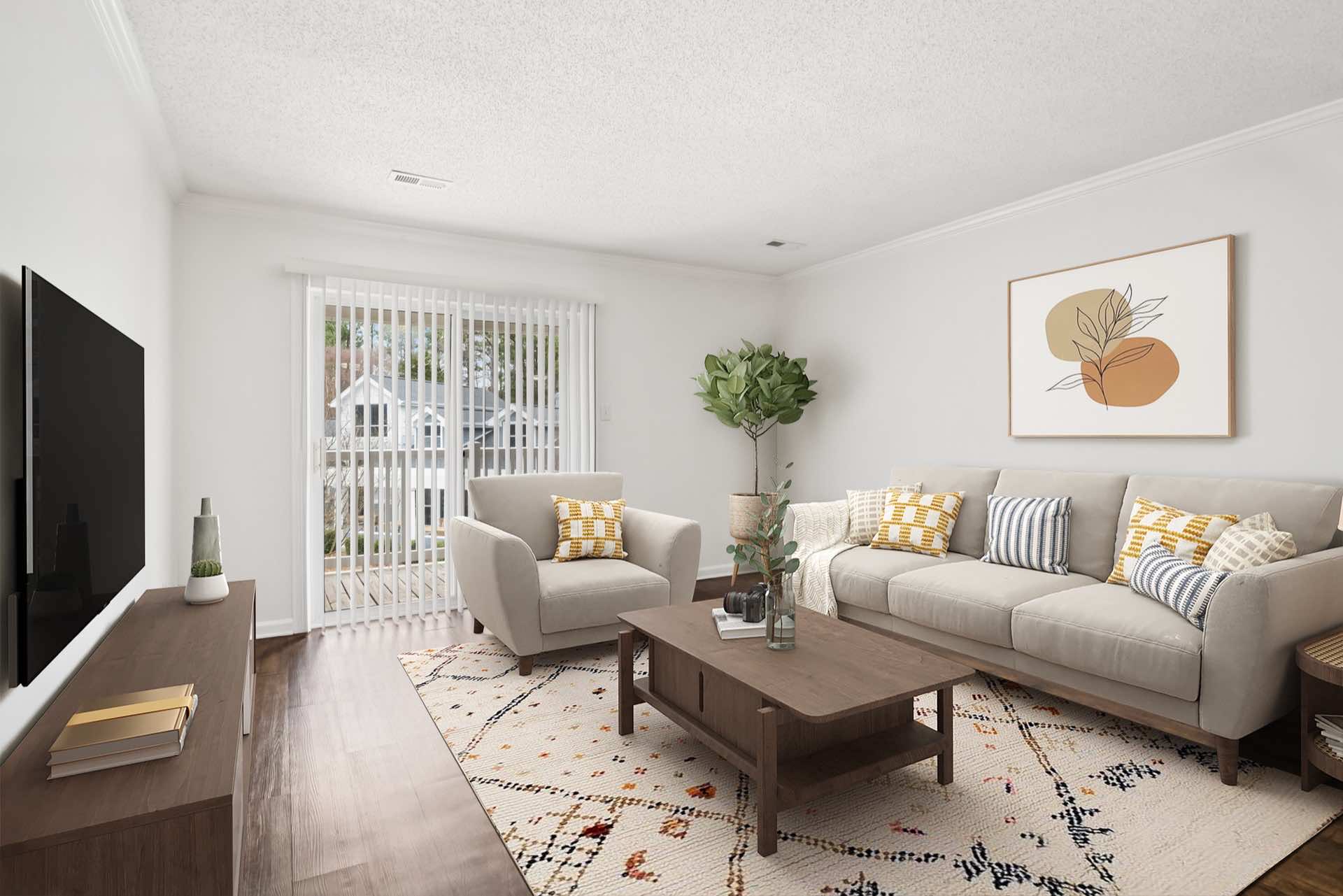 living room with modern furniture and large stylish rug on wood-style floor