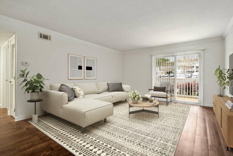 living room with modern furniture and large stylish rug on wood-style floor