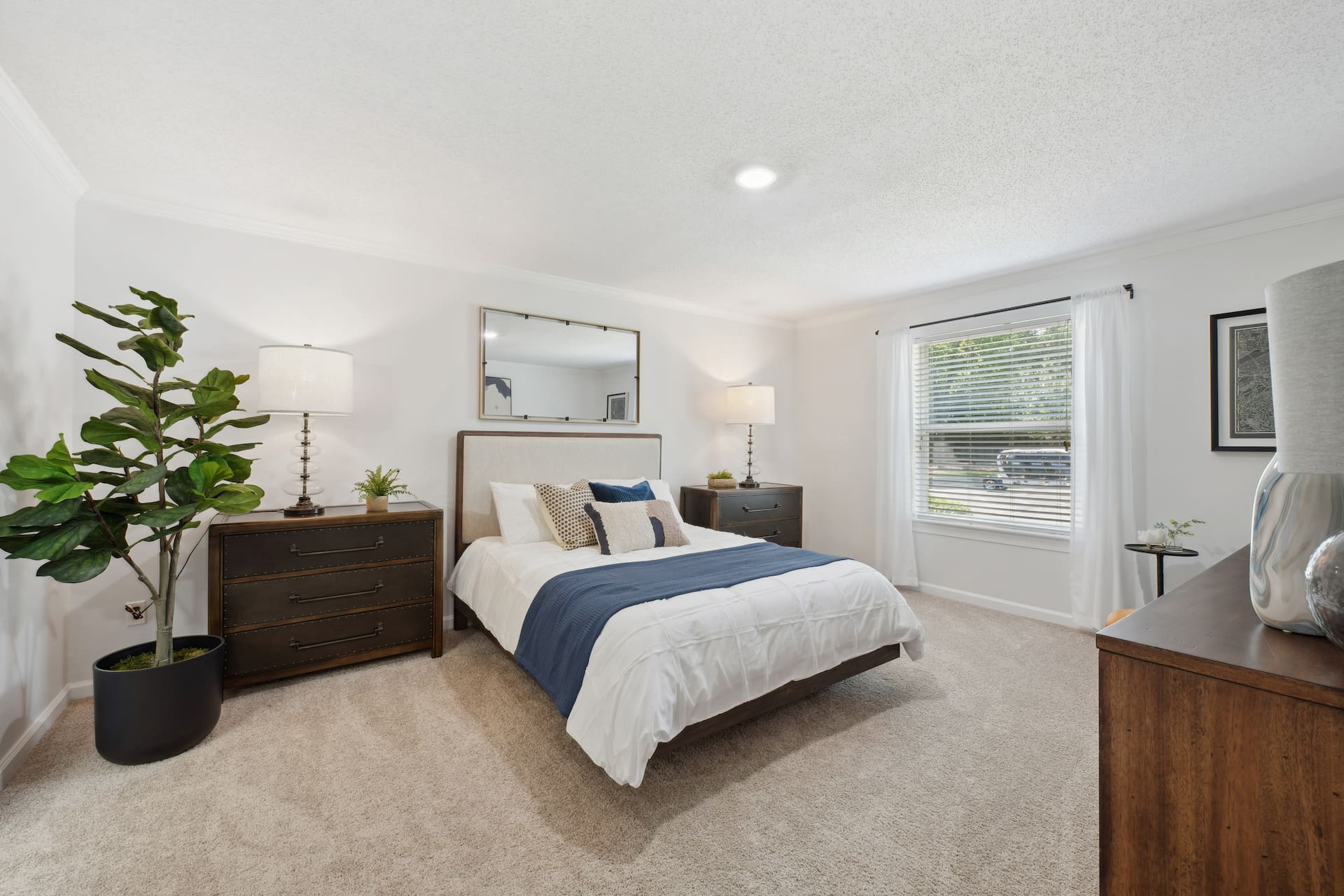 carpeted bedroom with chest of drawers and potted plant in corner