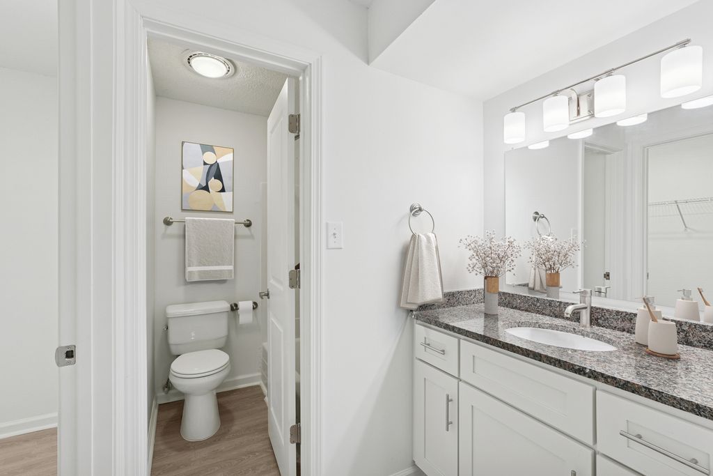 Modern bathroom with elegant granite countertop, stylish vanity lighting, white cabinetry, and contemporary decor.