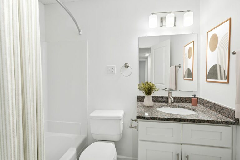 Sleek modern bathroom featuring elegant granite countertops, stylish framed artwork, and a crisp white design.